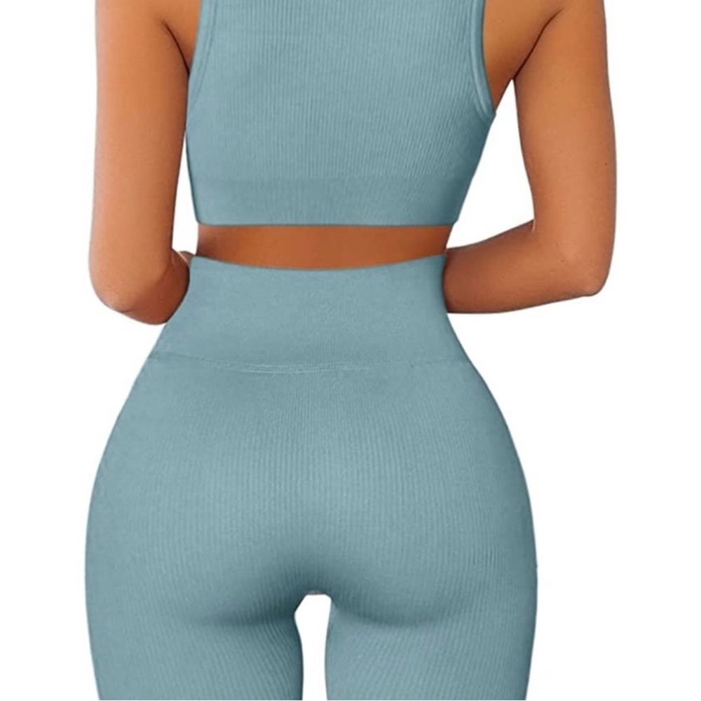 Qinsen NWOT Workout 2 Piece Ribbed Seamless Crop Tank High Waist Yoga Leggings - Picture 2 of 5